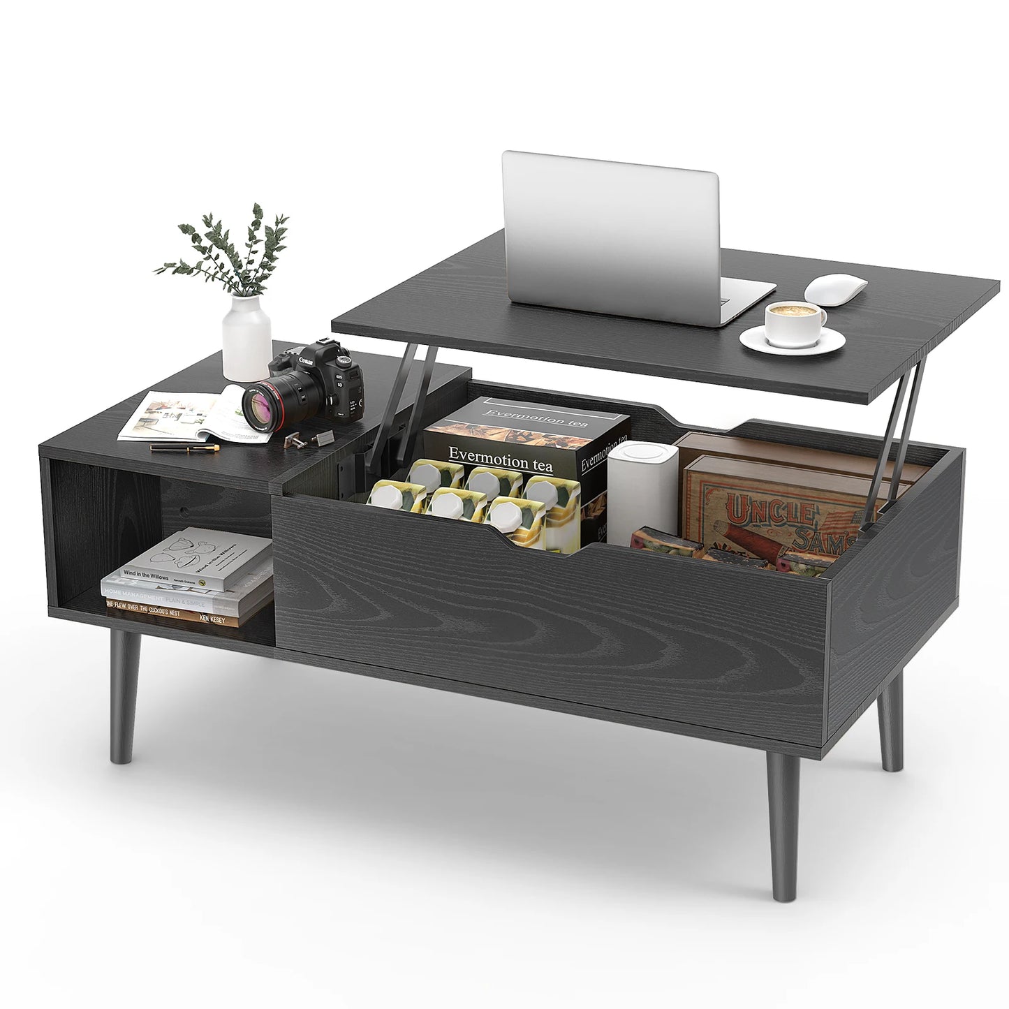 Lift Top Coffee Table with Hidden Storage Compartment and Adjustable Storage Shelf
