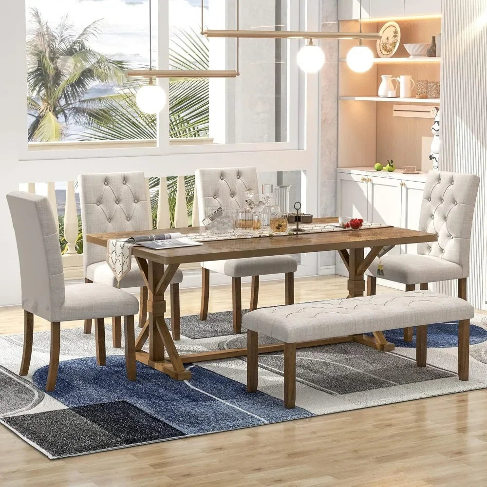 Exquisitely Designed Farmhouse Kitchen Table, Includes 4 White Upholstered Chairs and A Bench