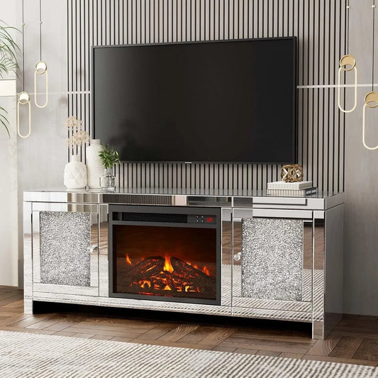 Elegant Mirror Media Entertainment Console with Fireplace and Storage