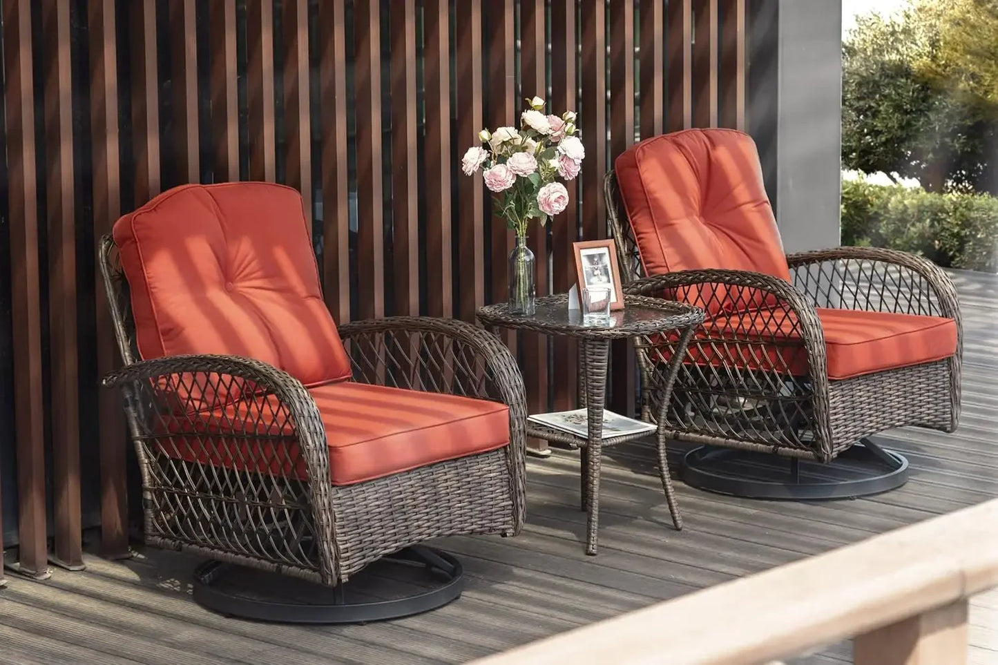 3 Piece Patio Furniture Set, 2 Swivel Glider Rocker, Wicker Patio Bistro Set with Rocking Chair, Cushions and Table