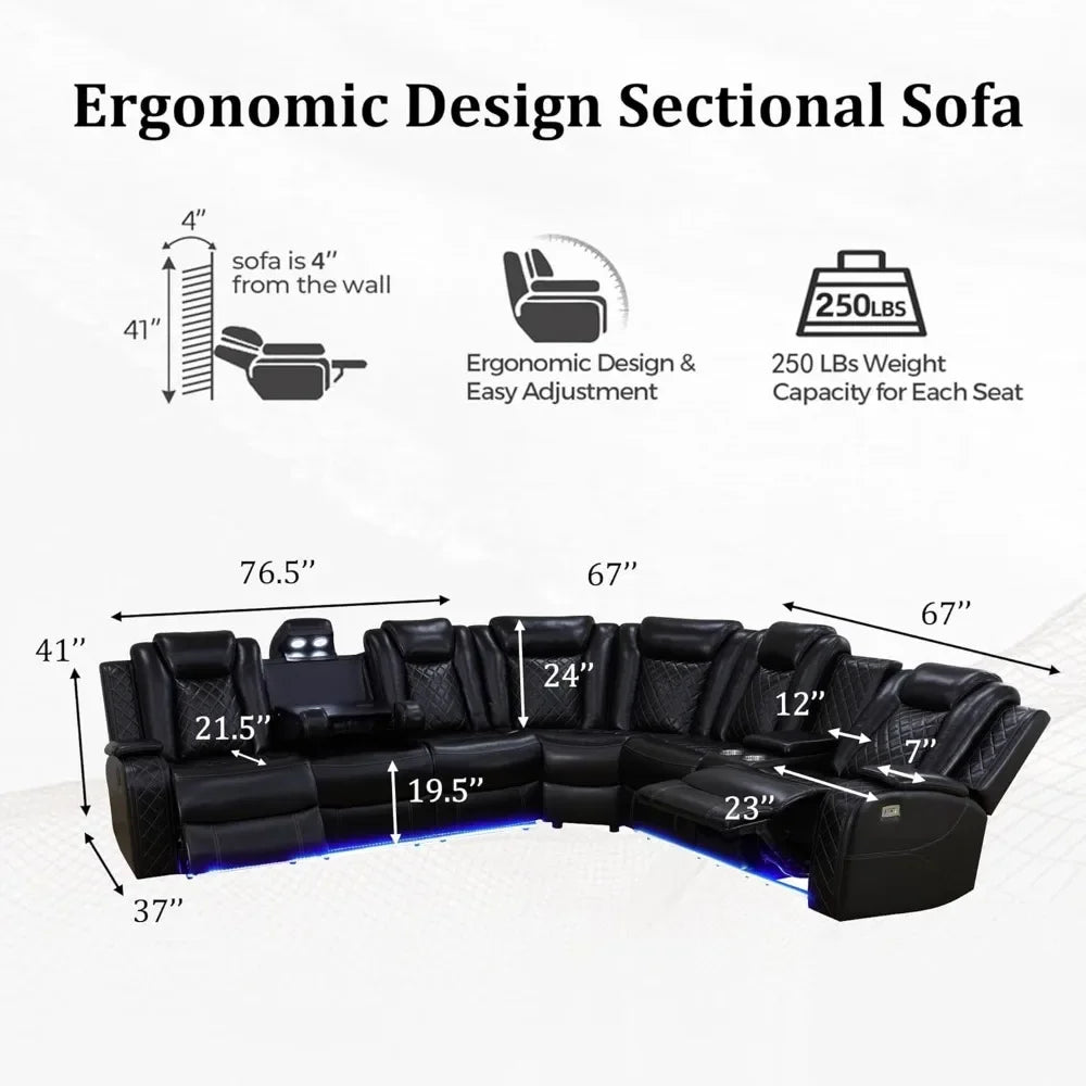 Leather Power Recliner Sectional Sofa with LED