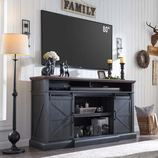 Farmhouse Entertainment Center w/Storage Cabinets and Sliding Barn Door