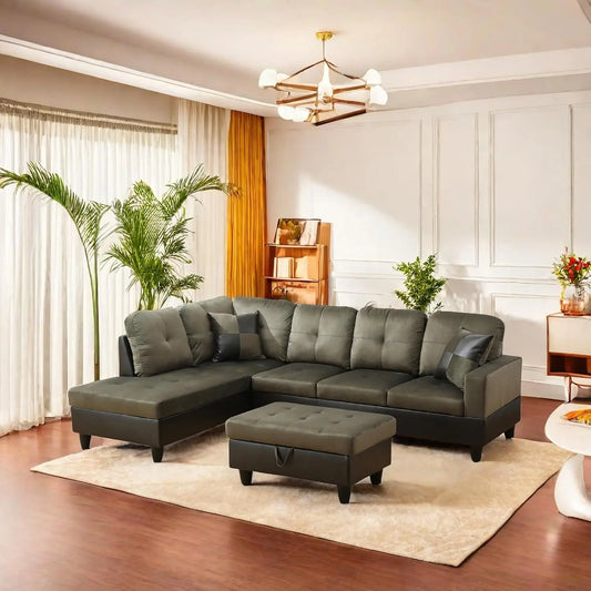 Modern L shaped Sectional With Ottoman and Grey-Belt Cup Holder