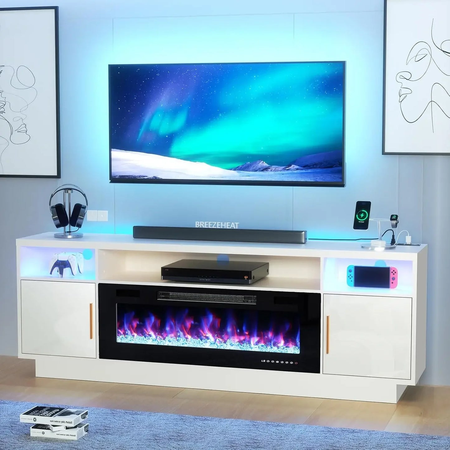 Modern Entertainment Center with LED Lights and Fireplace Insert