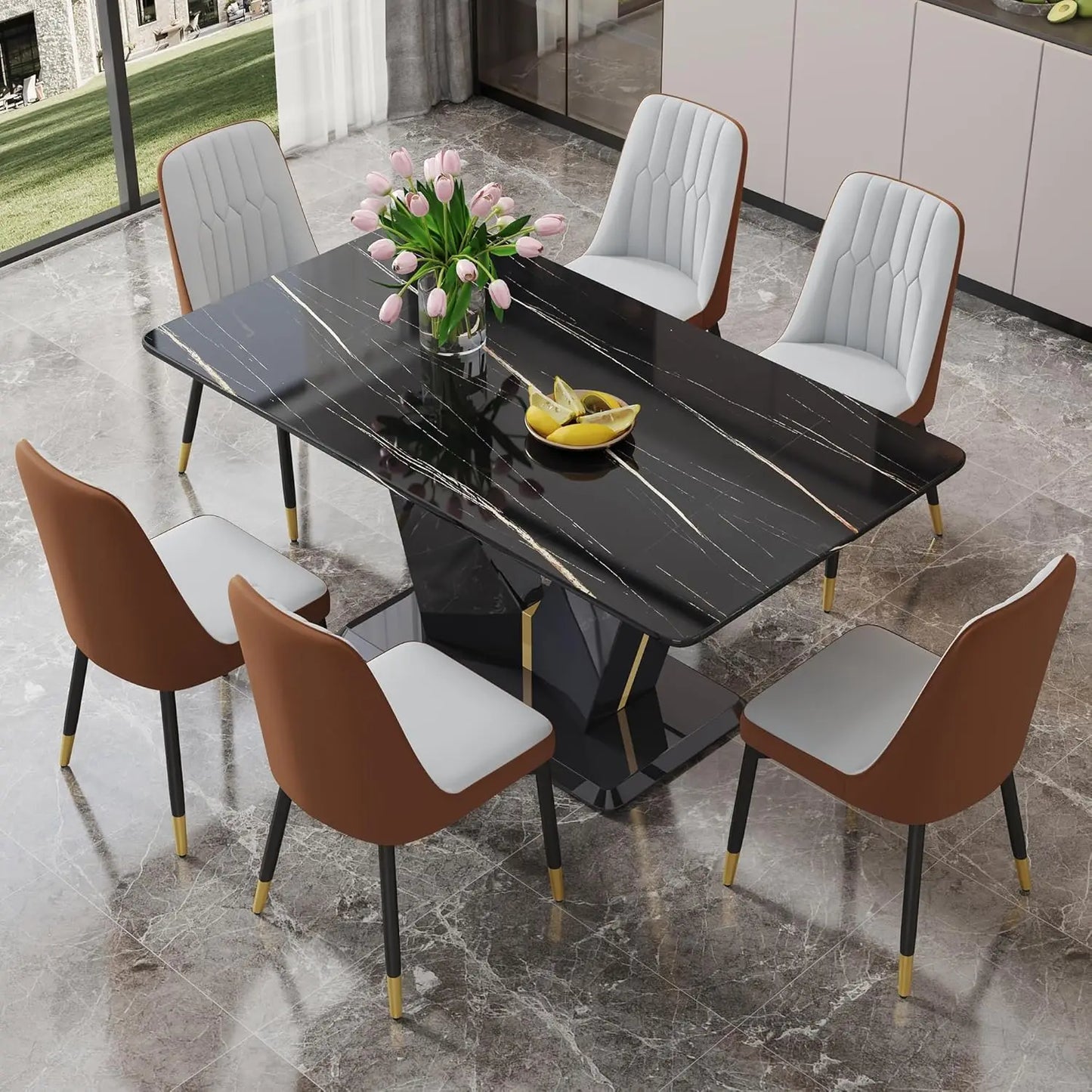 Black Dining Room Table Set for 6, Modern Marble Dining Table with 6 Metal Leg Chairs Kitchen Table Chair Set for Dining Room
