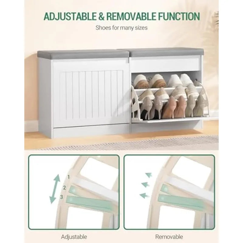 Shoe Storage Bench with 2 Flip Drawers for Shoes and 2 Lift Top Storage Areas