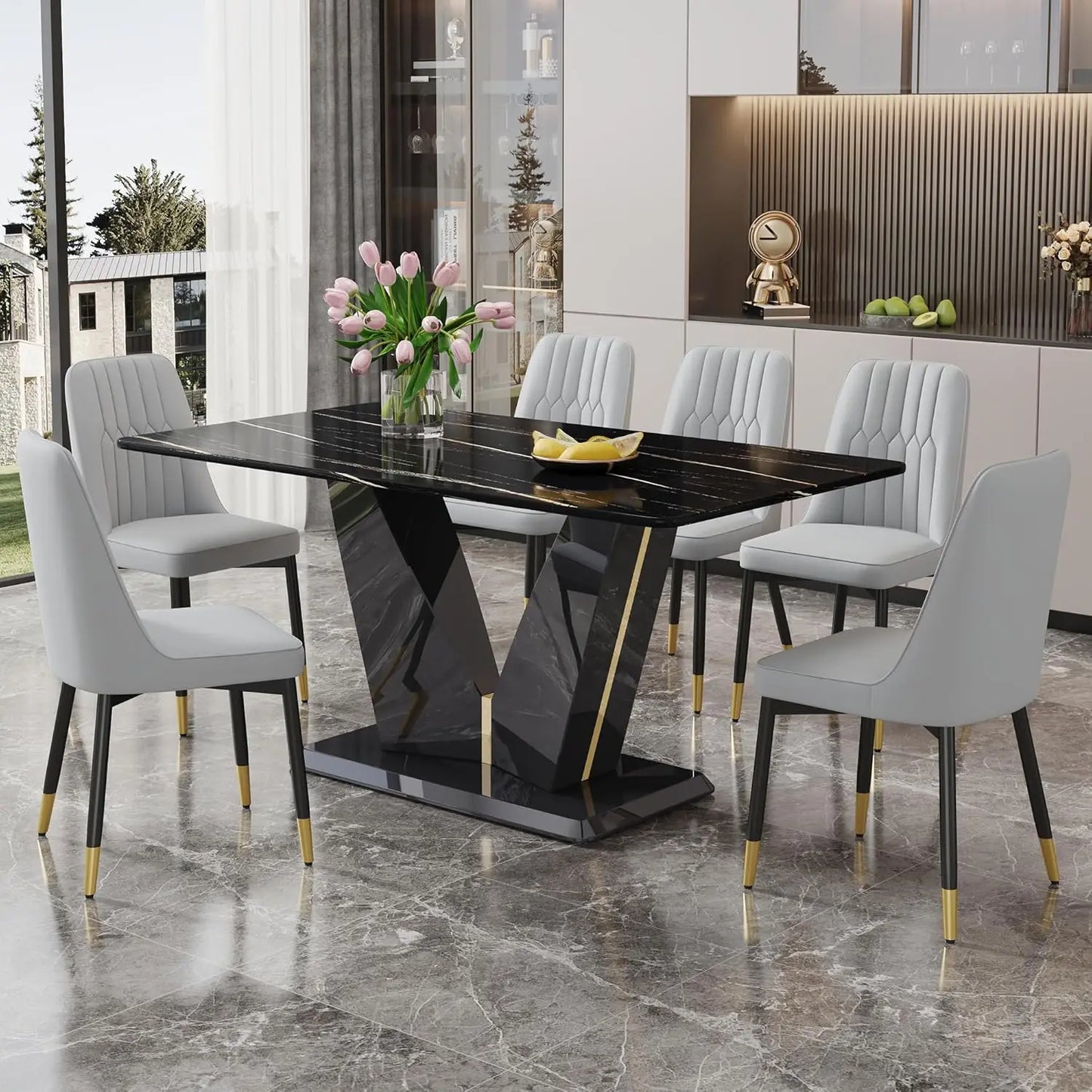 Black Dining Room Table Set for 6, Modern Marble Dining Table with 6 Metal Leg Chairs Kitchen Table Chair Set for Dining Room