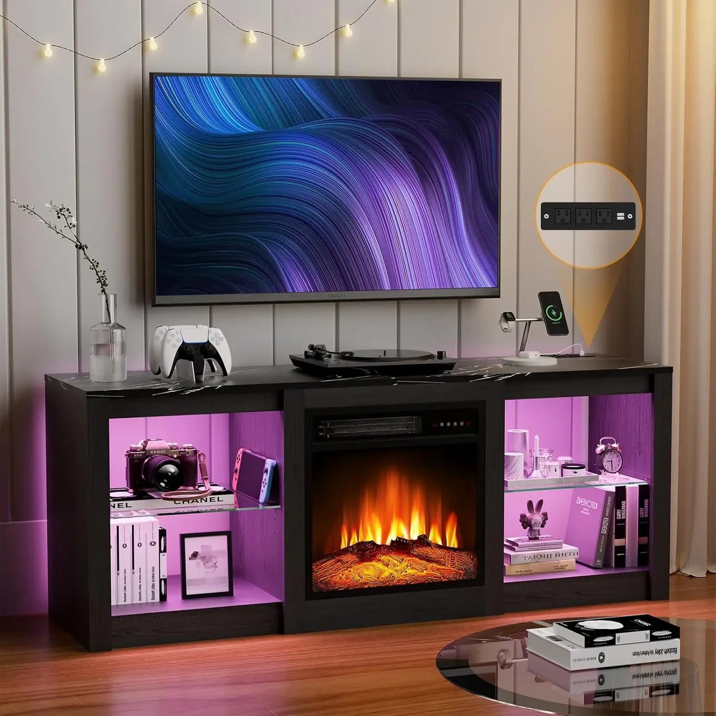 Modern Entertainment Center with LED Lights and Fireplace Insert