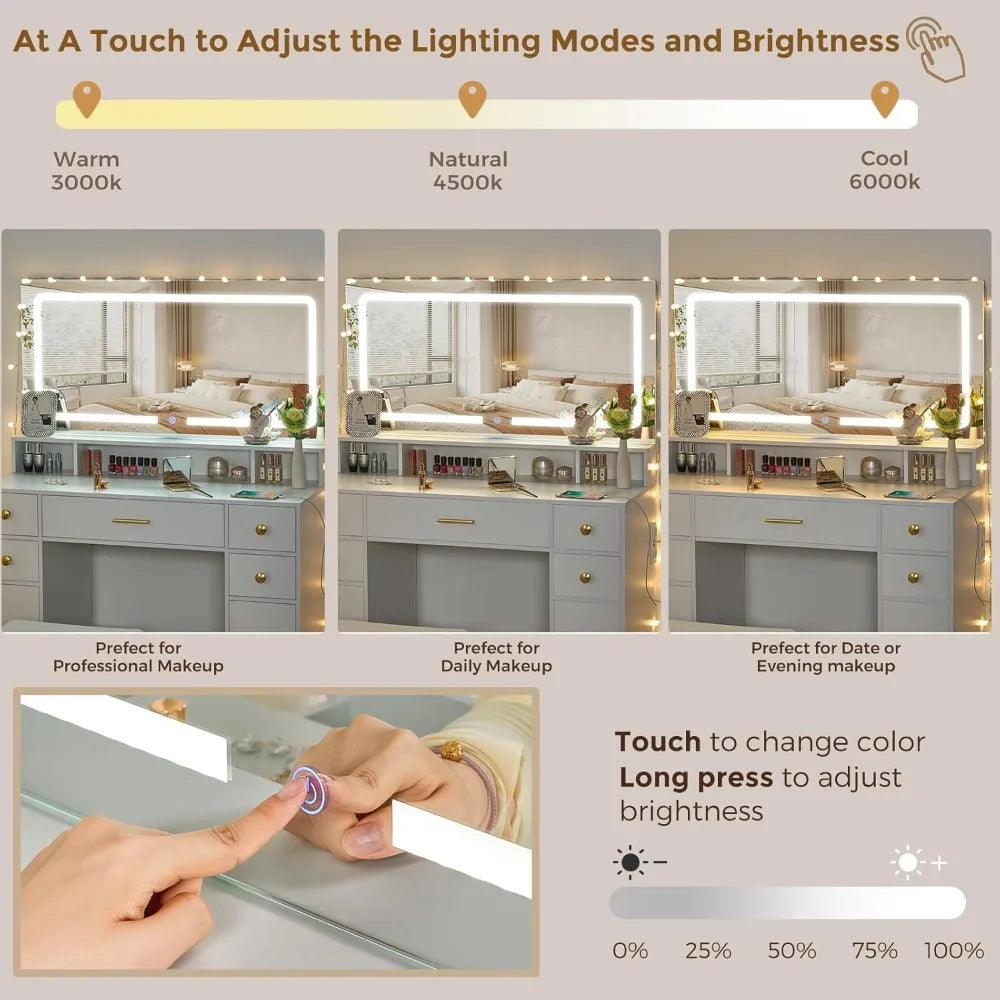 Beautiful Vanity Set with Large LED Lighted Mirror with 3 color Lighting and Power Outlet, White