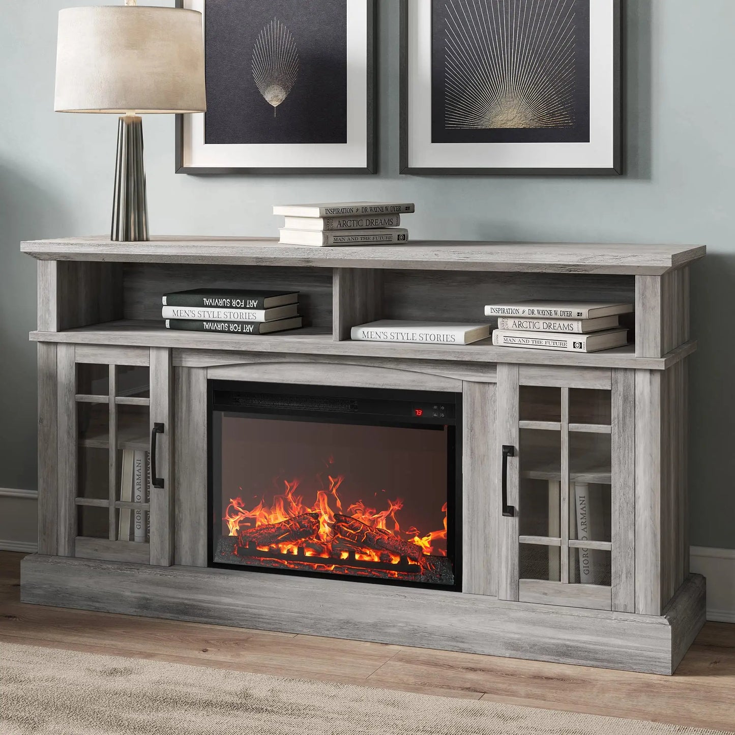 Mix of Rustic, classic and Modern Entertainment Console  and 23" Electric Fireplace with Storage