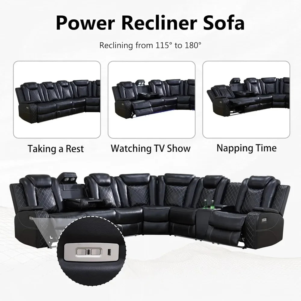 Leather Power Recliner Sectional Sofa with LED