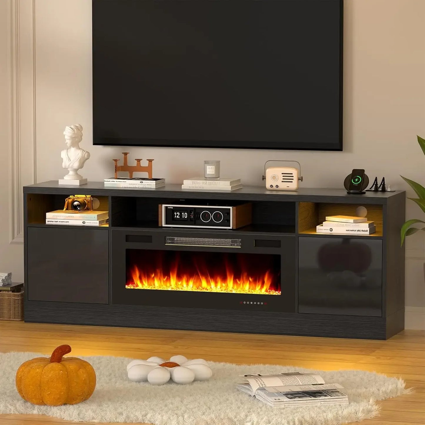 Modern Entertainment Center with LED Lights and Fireplace Insert