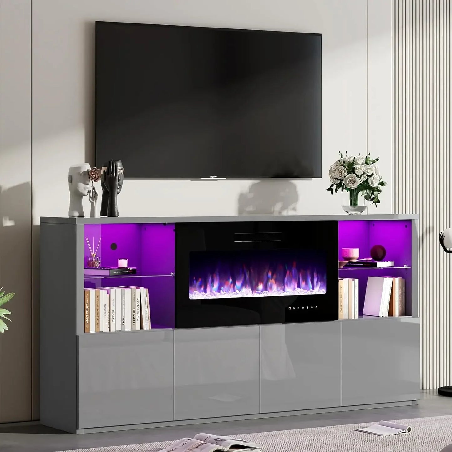 Modern High Gloss Entertainment Center with 40" Fireplace, Grey, Black, White