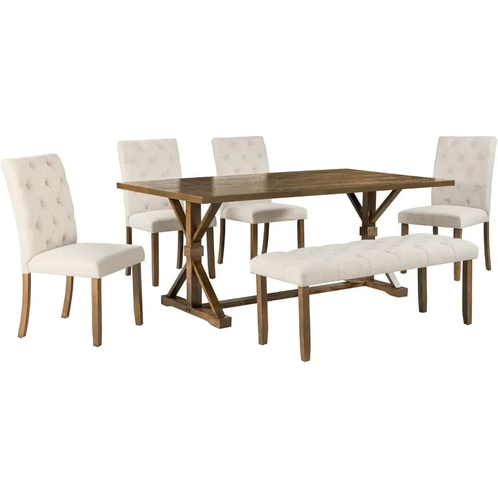 Exquisitely Designed Farmhouse Kitchen Table, Includes 4 White Upholstered Chairs and A Bench
