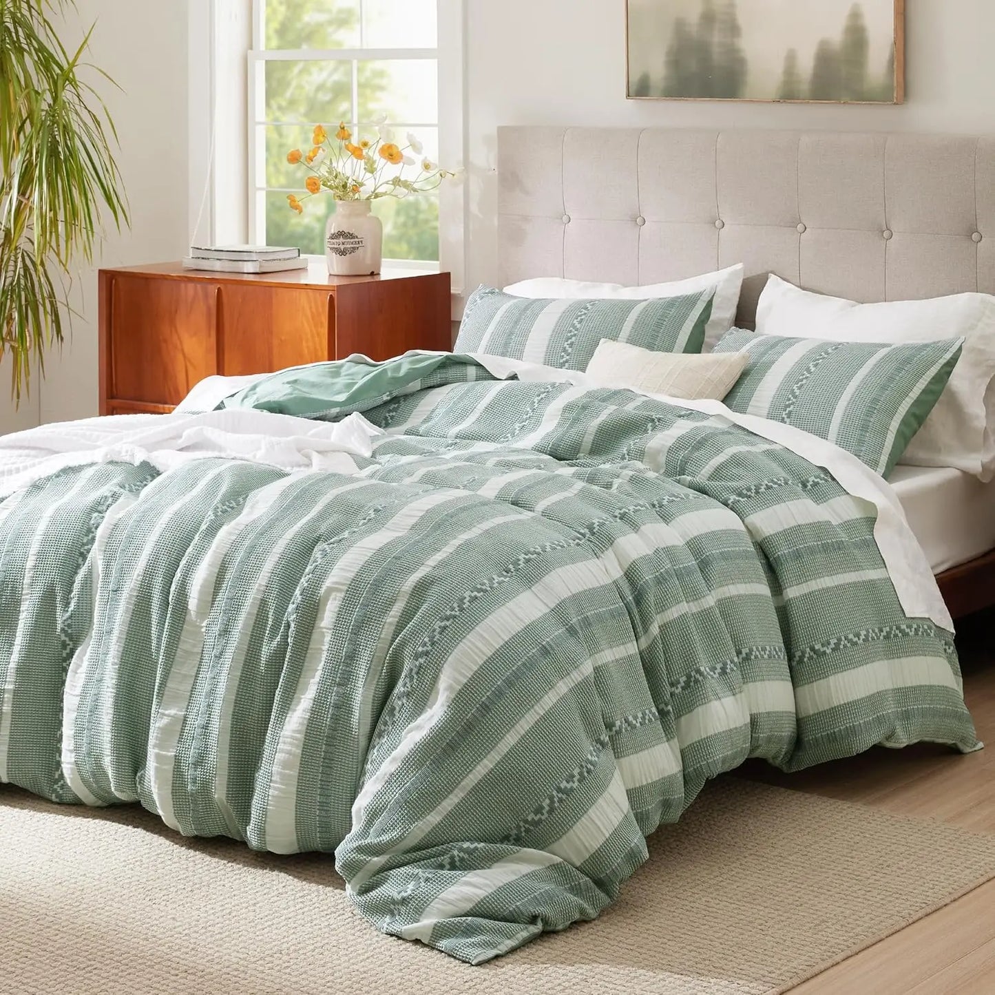 Boho Waffle Weave Duvet Cover Set with 2 Shams