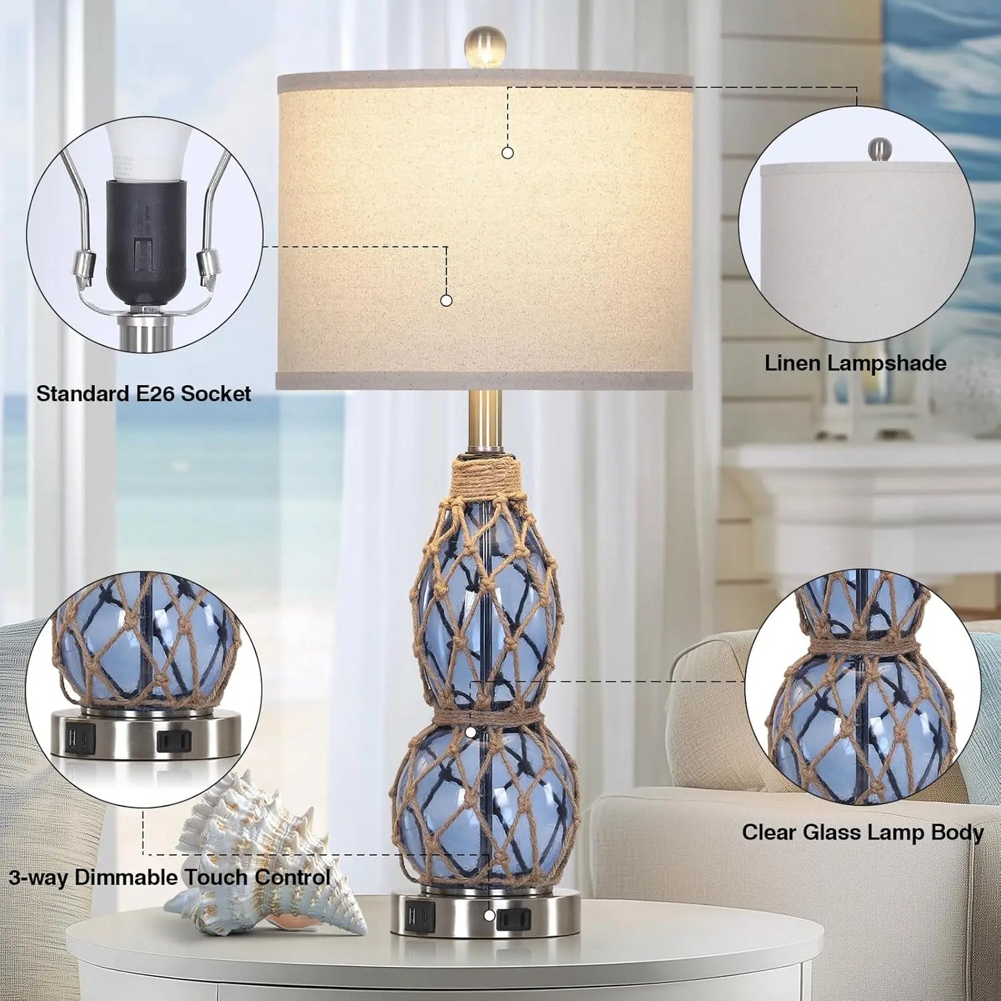 Nautical Glass Table Lamps Set of 2
