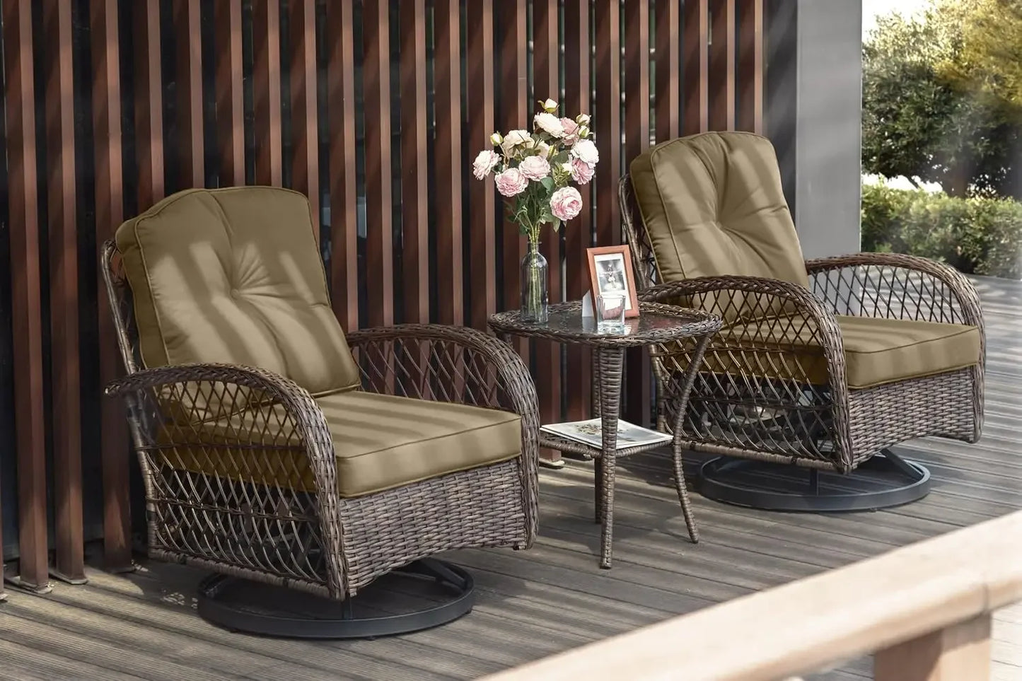 3 Piece Patio Furniture Set, 2 Swivel Glider Rocker, Wicker Patio Bistro Set with Rocking Chair, Cushions and Table