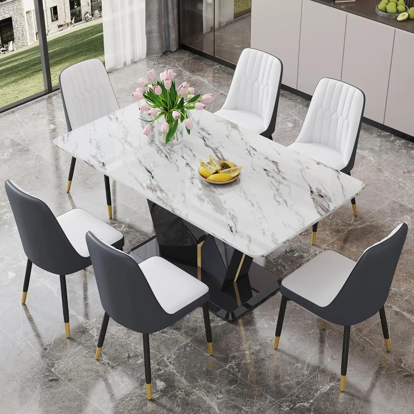 Black Dining Room Table Set for 6, Modern Marble Dining Table with 6 Metal Leg Chairs Kitchen Table Chair Set for Dining Room