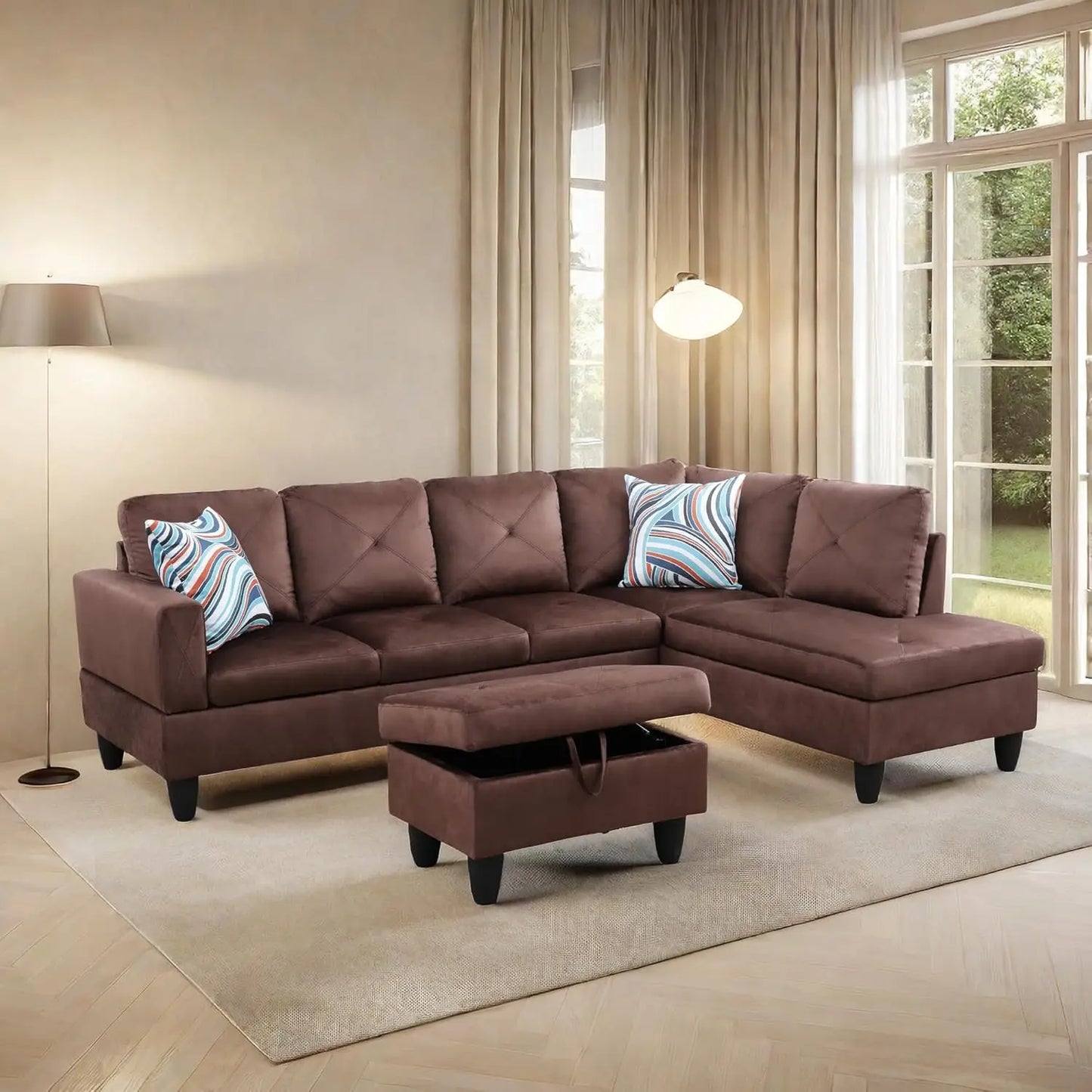 Modern L shaped Sectional With Ottoman and Grey-Belt Cup Holder