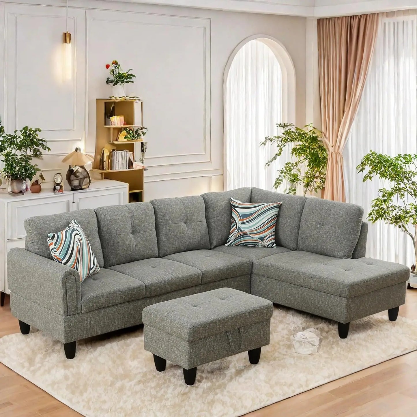 Modern L shaped Sectional With Ottoman and Grey-Belt Cup Holder