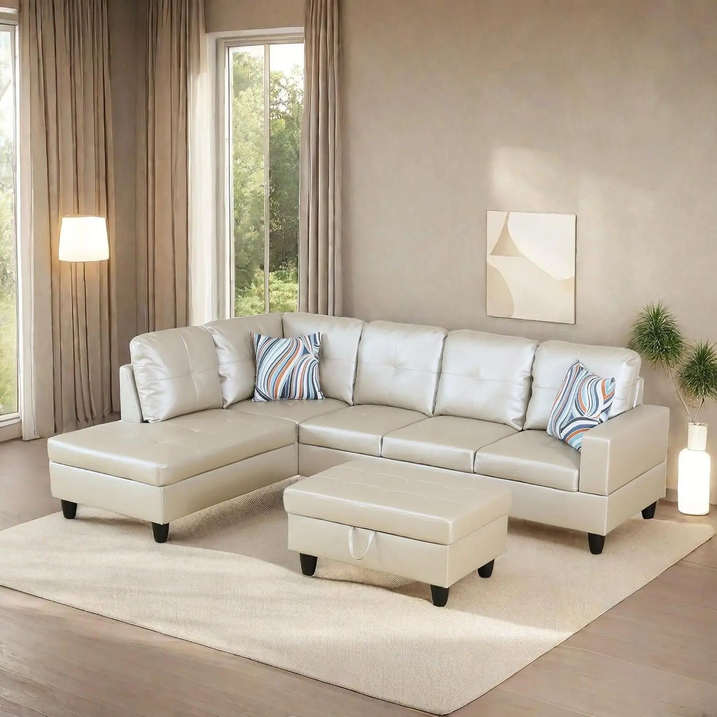 Modern L shaped Sectional With Ottoman and Grey-Belt Cup Holder