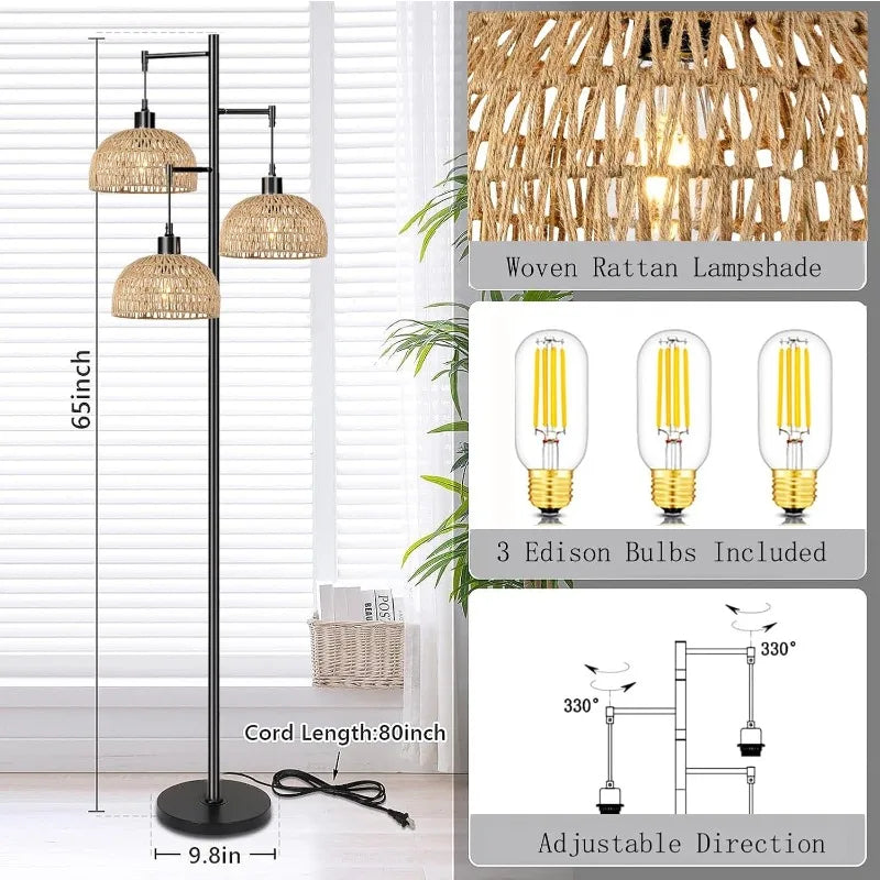 Woven Rattan 3-Light Floor Lamp