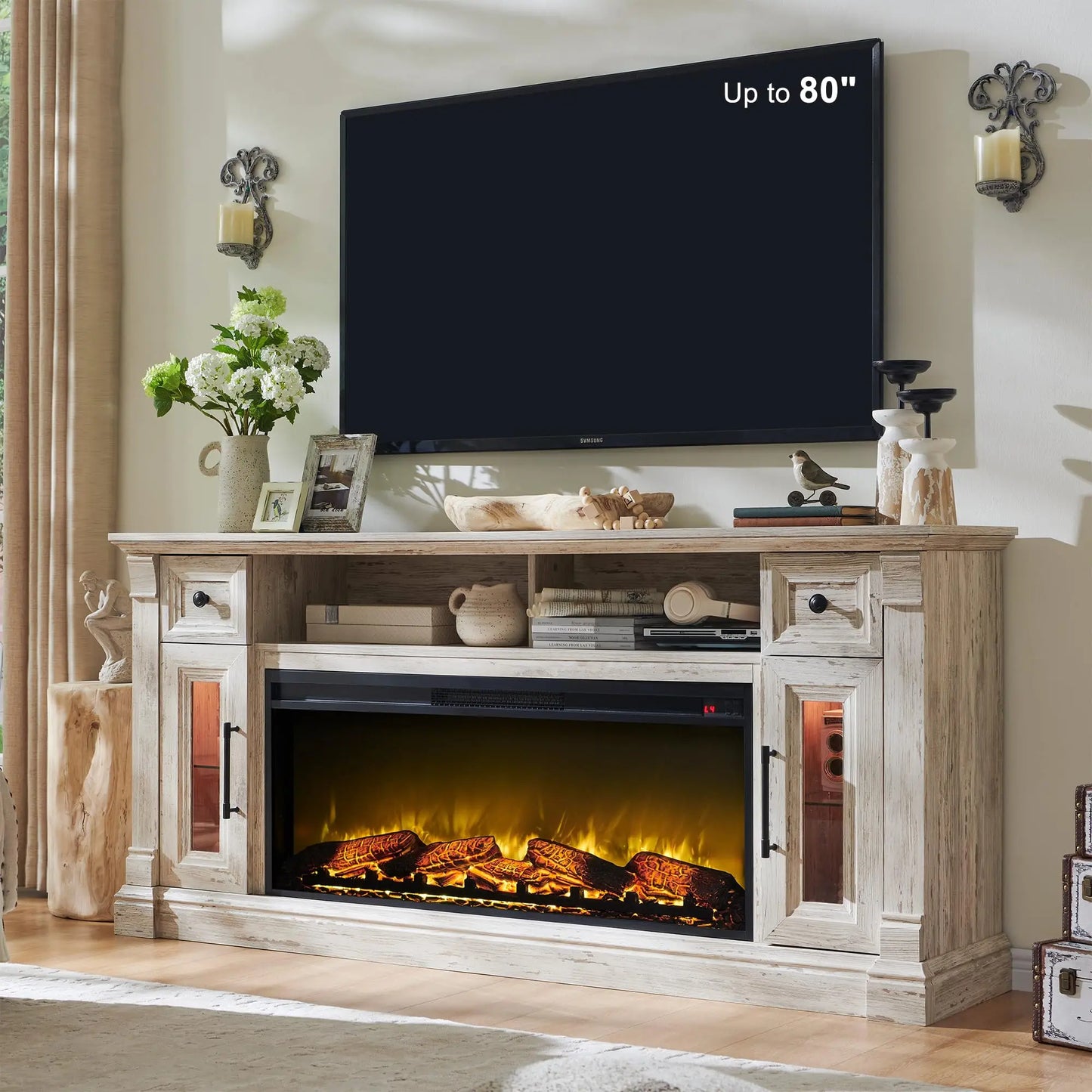 Farmhouse Entertainment Center with 42" Electric Fireplace & LED Lights