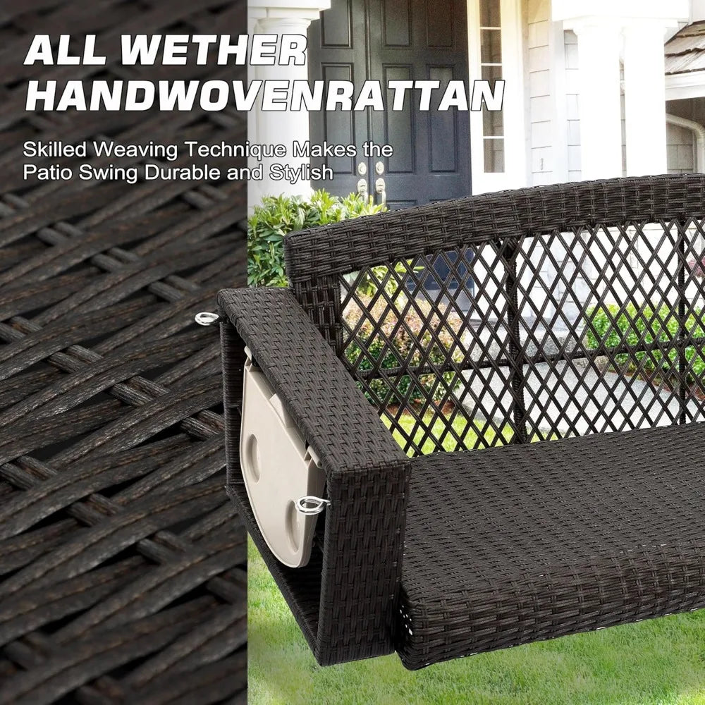 Wicker Outdoor/Porch 3-Person Hanging Swing, Cushions, Chains and Cup Holders (2) Included