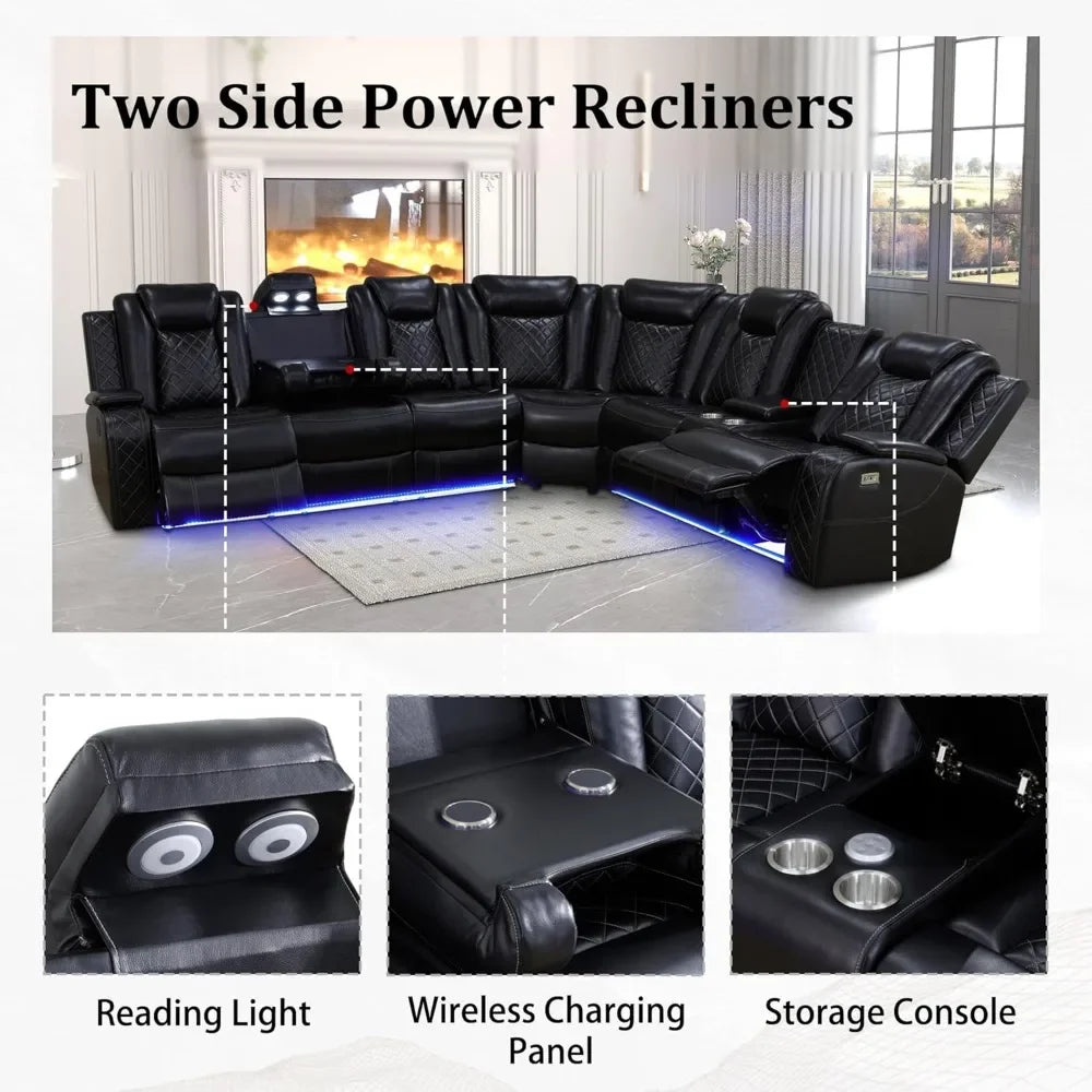 Leather Power Recliner Sectional Sofa with LED