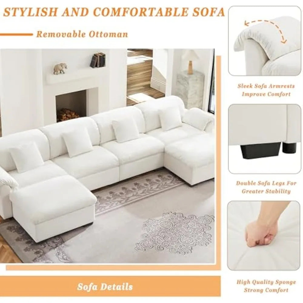 White Modular Oversized Sofa with Hidden Storage, 4 Lumbar Pillows and 2 Ottomans