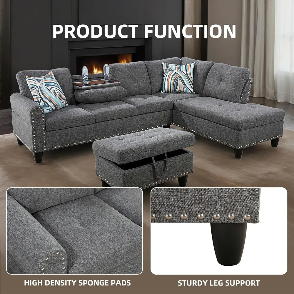 Modern L shaped Sectional With Ottoman and Grey-Belt Cup Holder