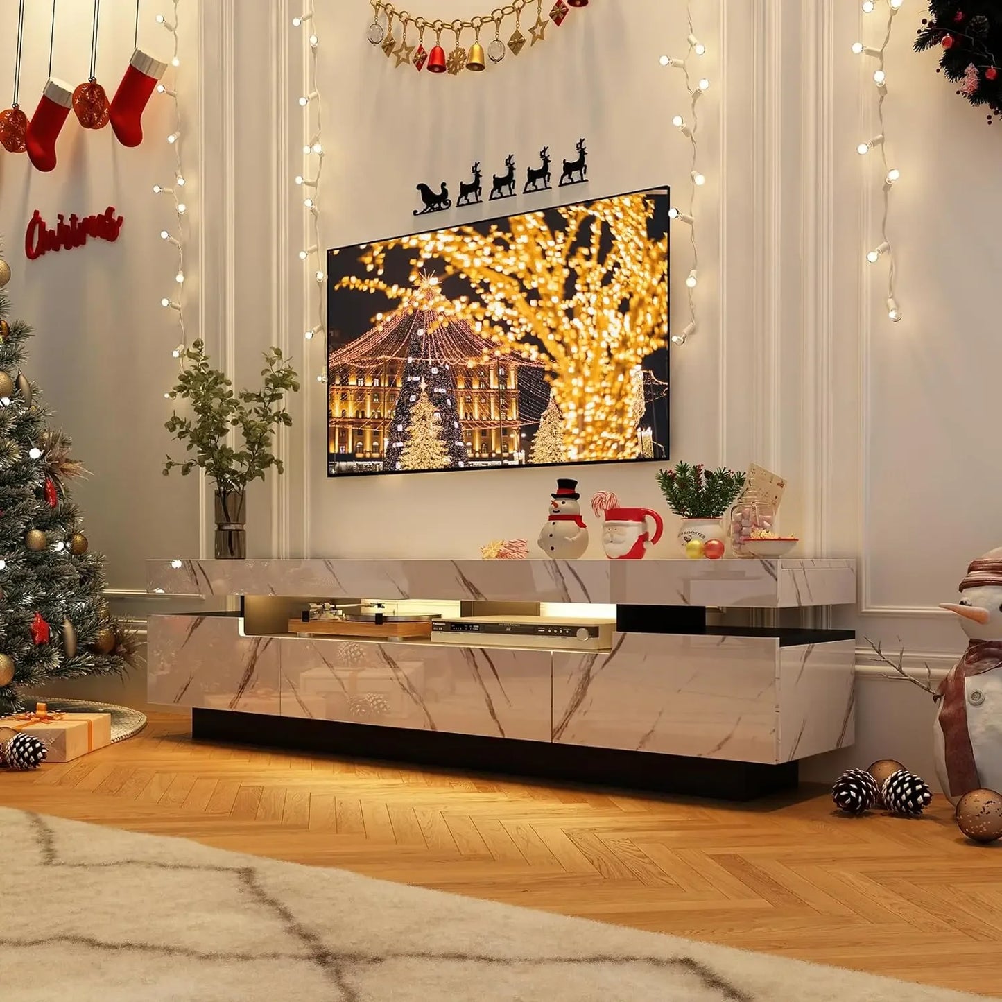 70" Beautiful Marble Look, High Gloss Entertainment Center for 75/80 inch TV