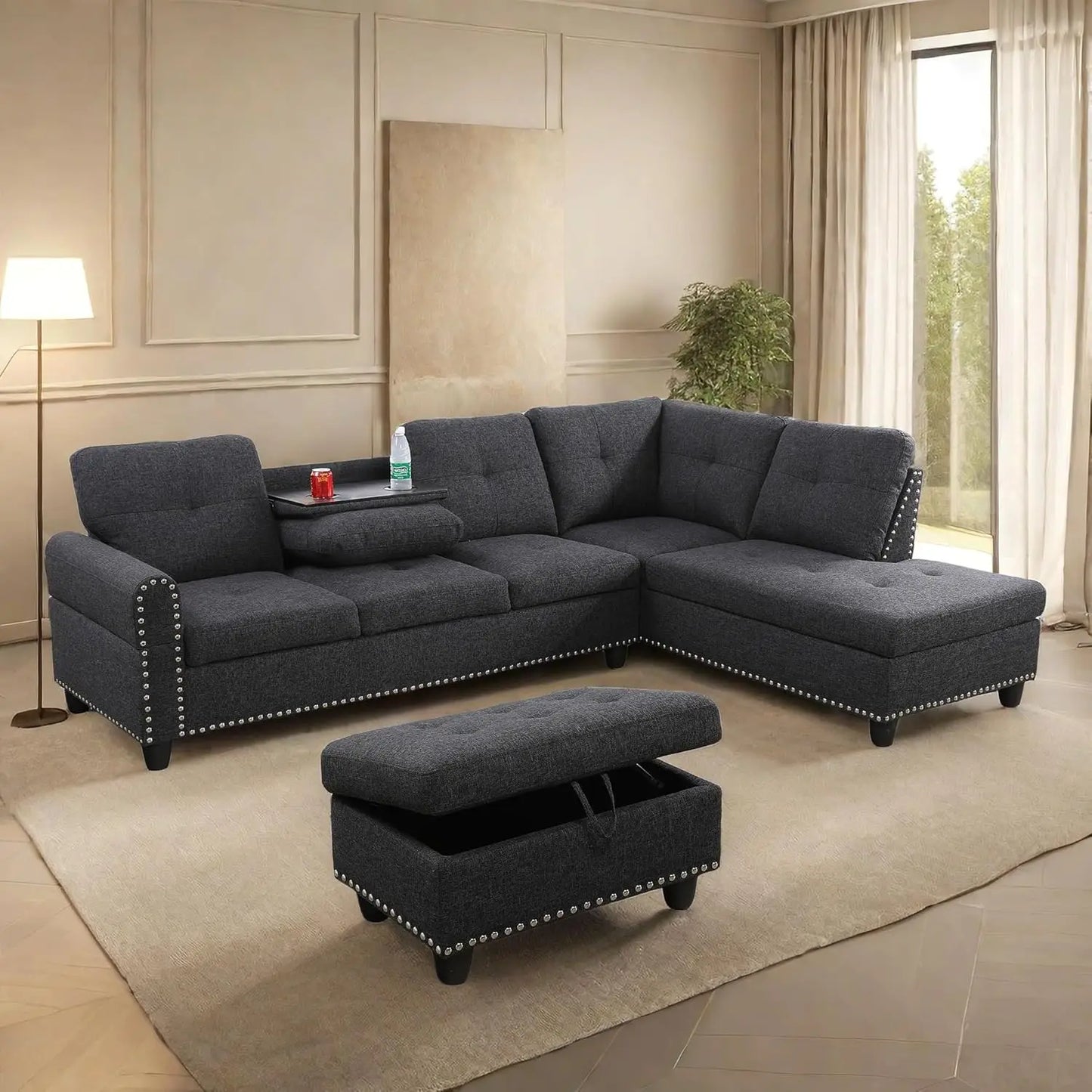 Modern L shaped Sectional With Ottoman and Grey-Belt Cup Holder
