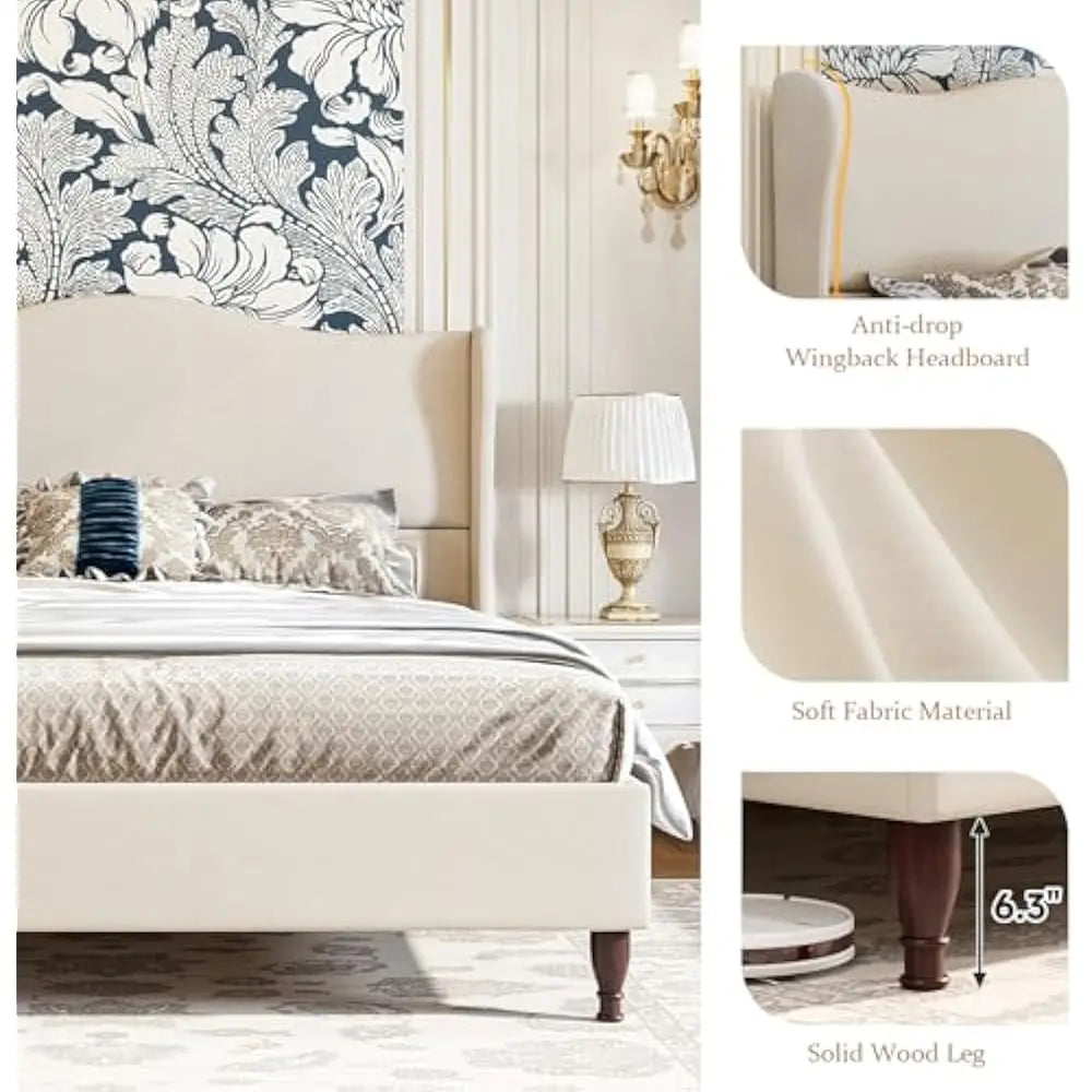 Wingback Upholstered Platform Bed Frame