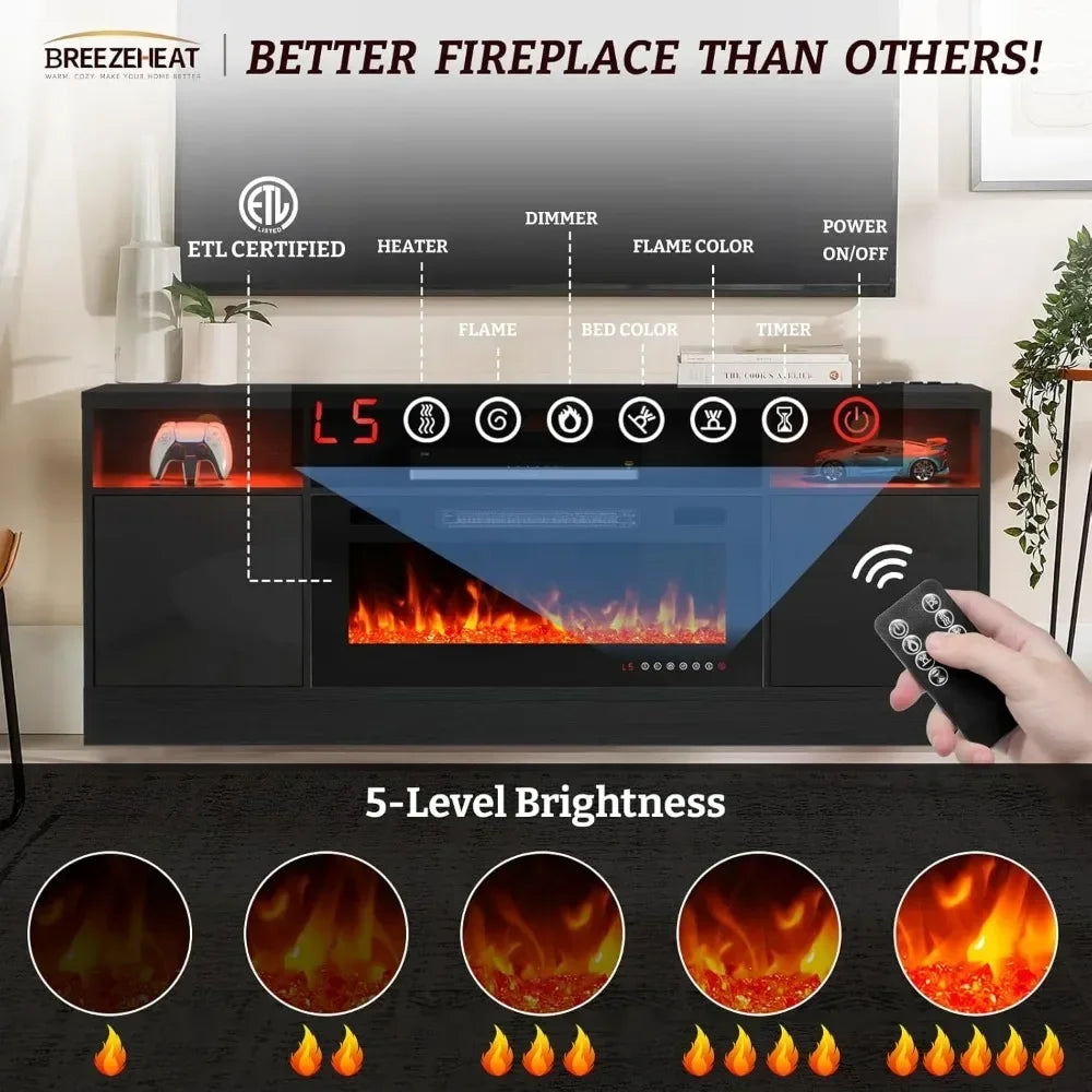 Modern Entertainment Center with LED Lights and Fireplace Insert