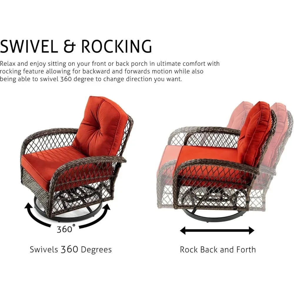 3 Piece Patio Furniture Set, 2 Swivel Glider Rocker, Wicker Patio Bistro Set with Rocking Chair, Cushions and Table