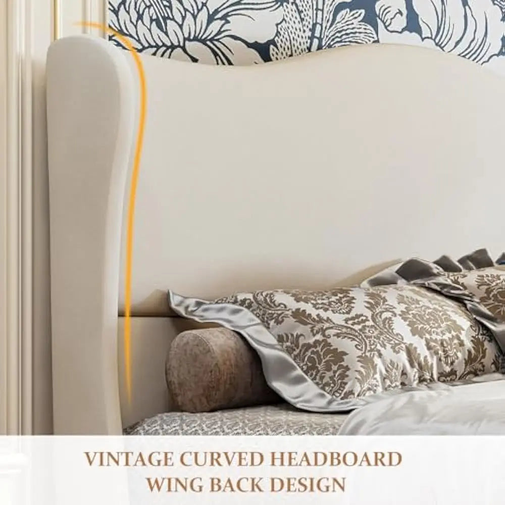 Wingback Upholstered Platform Bed Frame