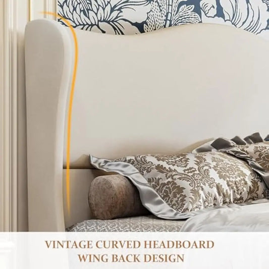 Wingback Upholstered Platform Bed Frame