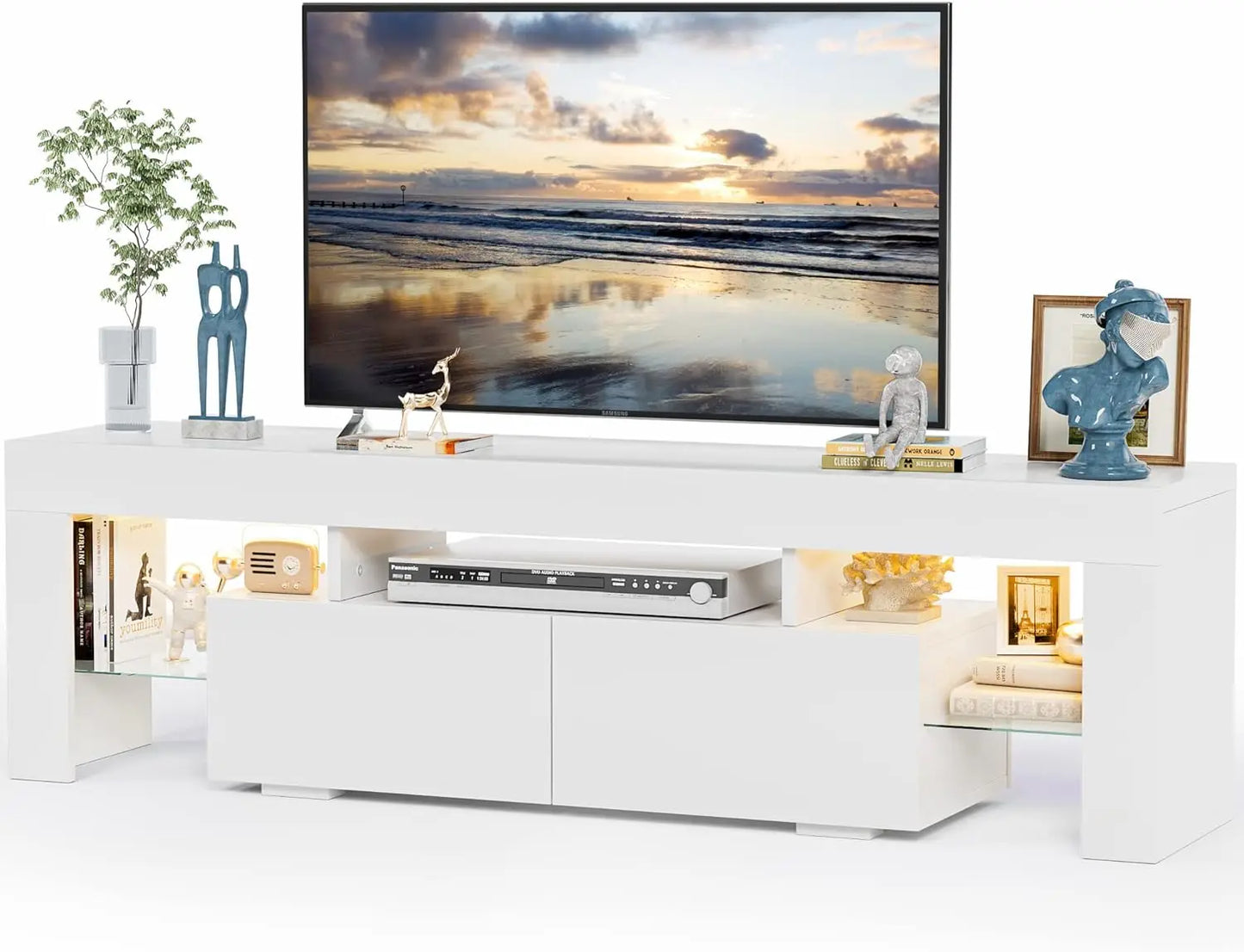 Modern Console Table with Open Media Shelf, with Double Drawer and Remote