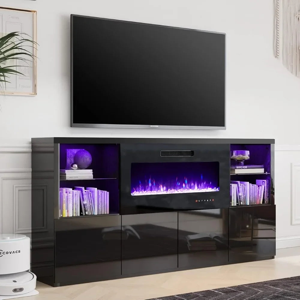 Modern High Gloss Entertainment Center with 40" Fireplace, Grey, Black, White