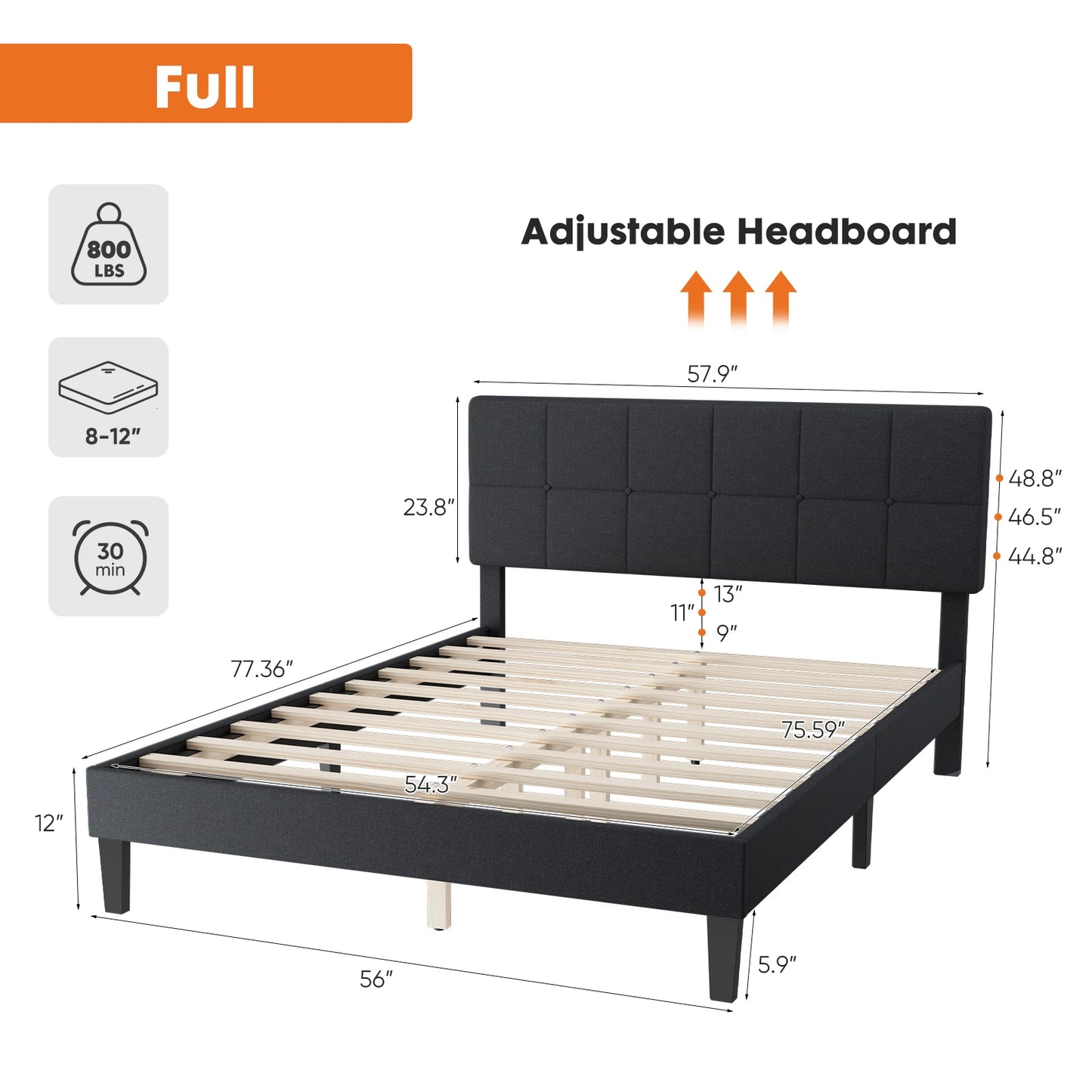 Bed Frame with Linen Upholstered Wooden Headboard
