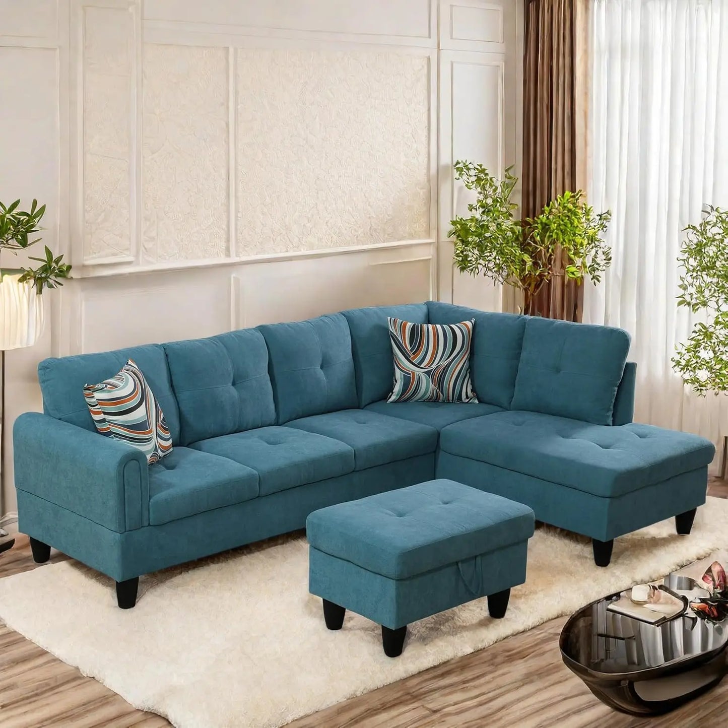 Modern L shaped Sectional With Ottoman and Grey-Belt Cup Holder