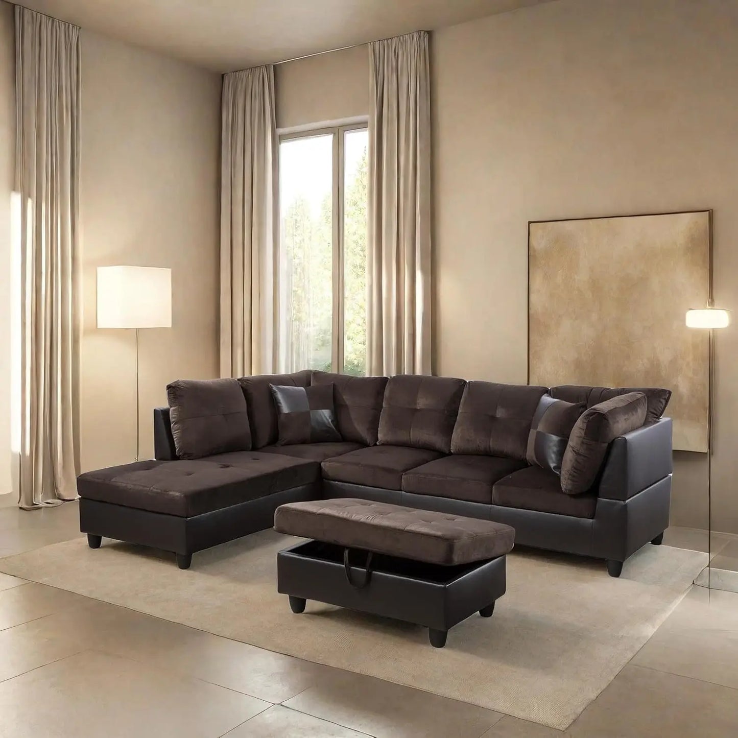 Modern L shaped Sectional With Ottoman and Grey-Belt Cup Holder