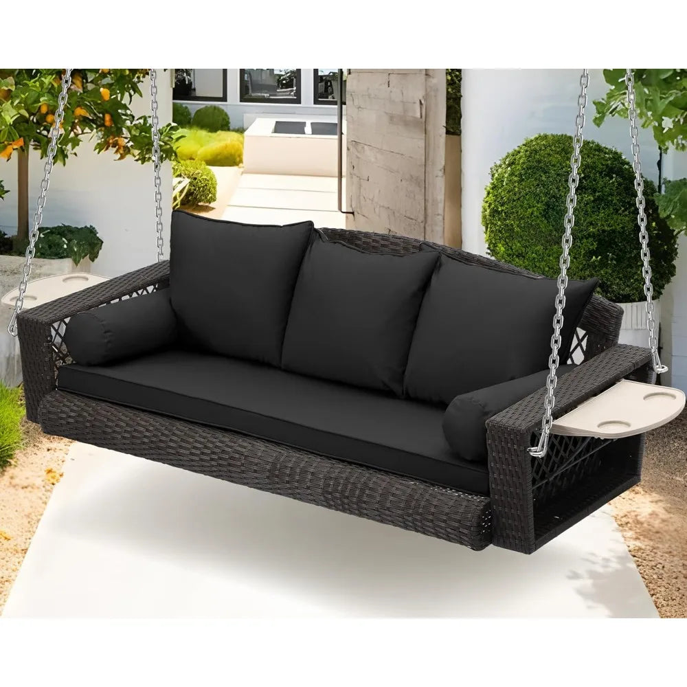 Wicker Outdoor/Porch 3-Person Hanging Swing, Cushions, Chains and Cup Holders (2) Included