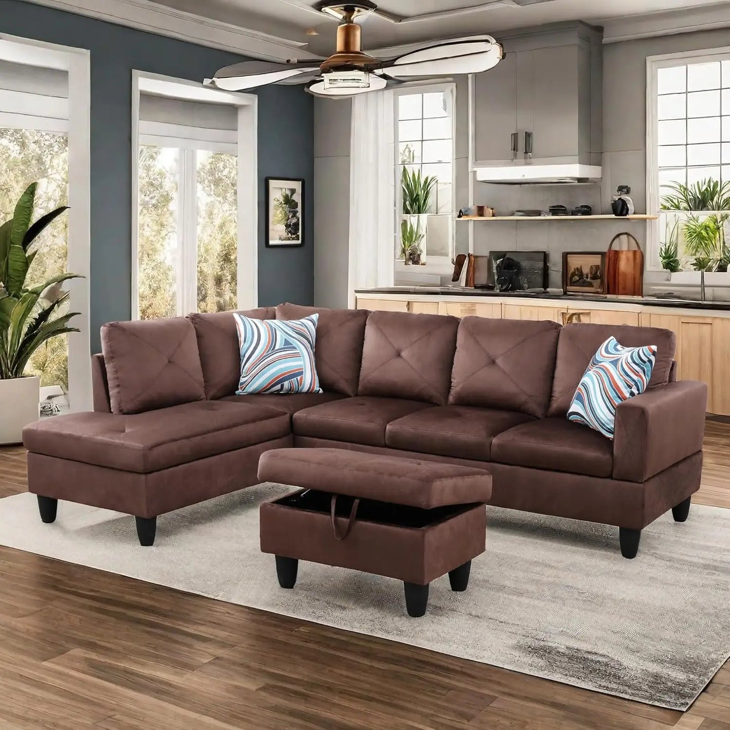 Modern L shaped Sectional With Ottoman and Grey-Belt Cup Holder