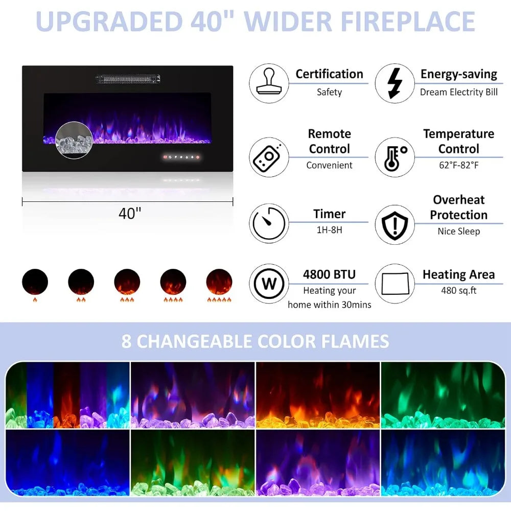Modern High Gloss Entertainment Center with 40" Fireplace, Grey, Black, White