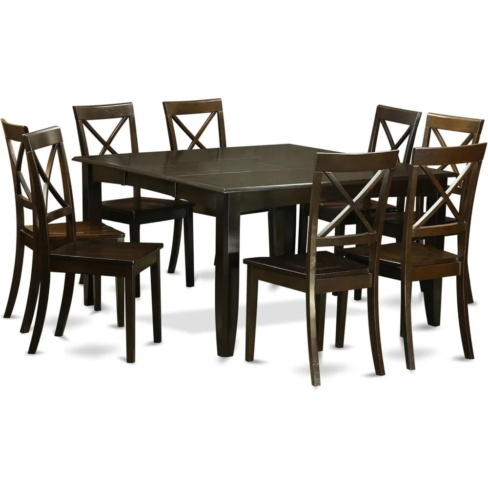 9 Piece Modern Dining Table Set Includes a Square Wooden Table with Butterfly Leaf and 8 Kitchen Dining Chairs