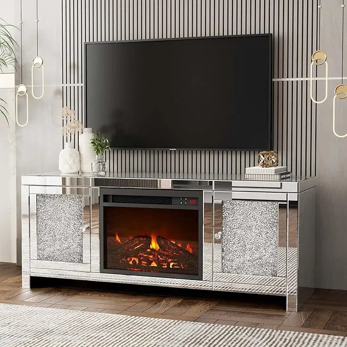 Elegant Mirror Media Entertainment Console with Fireplace and Storage