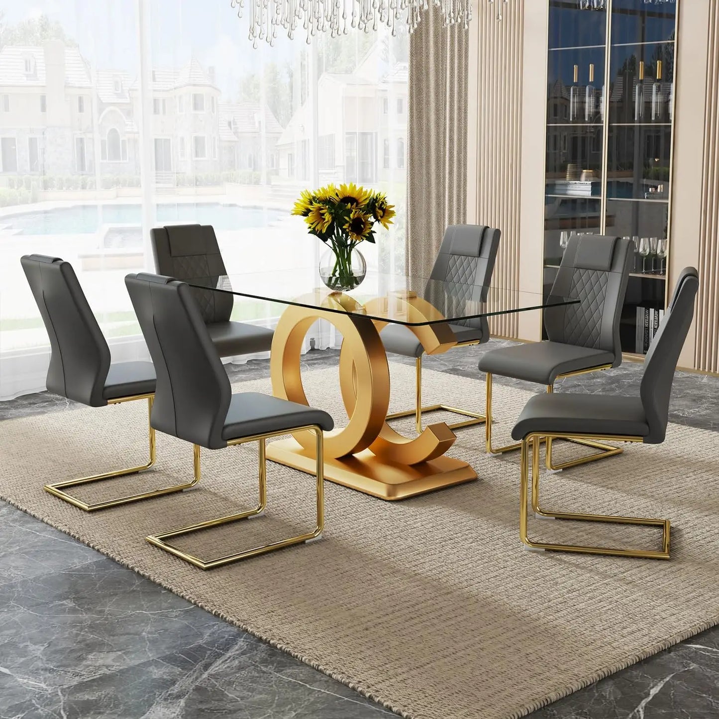 Rectangular Dining Room Table with 6 PU Leather Upholstered Dining Chairs