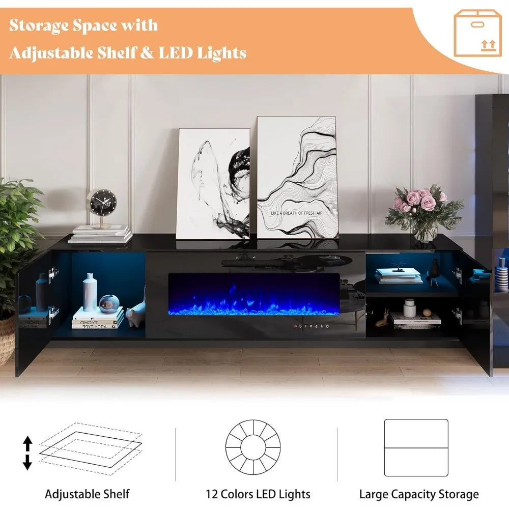Wall Mounted High Gloss Entertainment Media Console with Floating 40" Fireplace